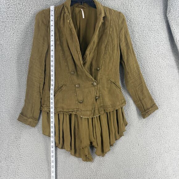 Free People Jacket Womens XS Brown Linen Ruffle Hem Double Breasted Boho Blazer - Picture 3 of 16